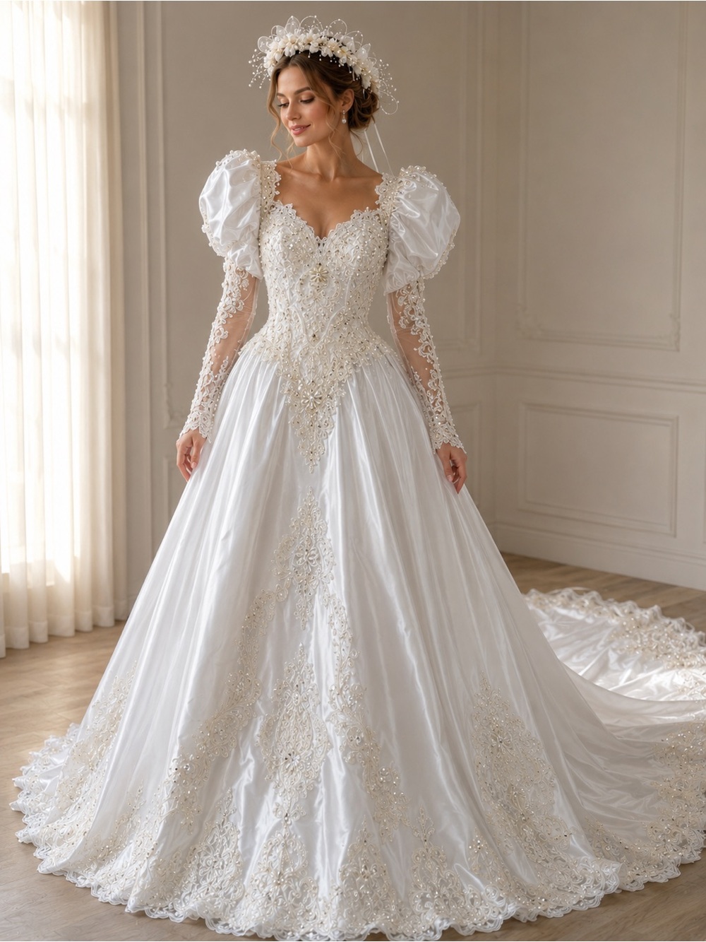 NWOT VTG 1980s White Satin Beaded Wedding Gown & Floral Veil Size S